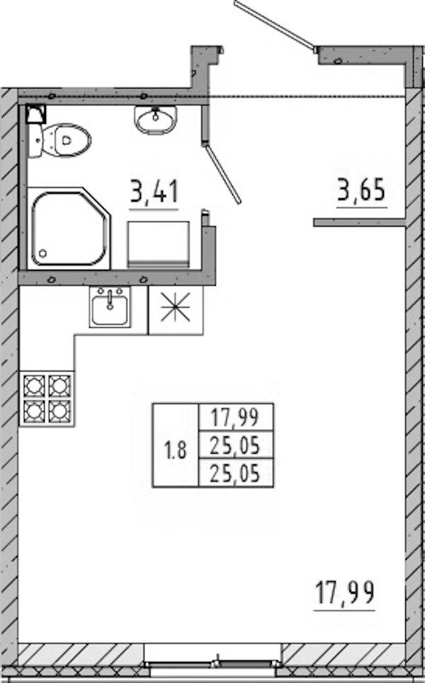 Квартира студия 25.05 м², 1/17 эт., ЖК «Новые горизонты 2»